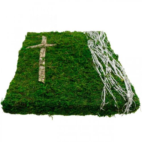 Floristik24 Viti di muschio e croce per la sistemazione della tomba verde, bianco 40 × 30 cm