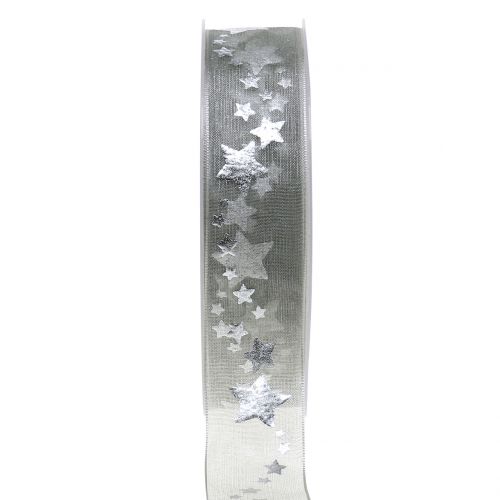 Floristik24 Nastro decorativo in organza con motivo a stella grigio 25 mm 20 m