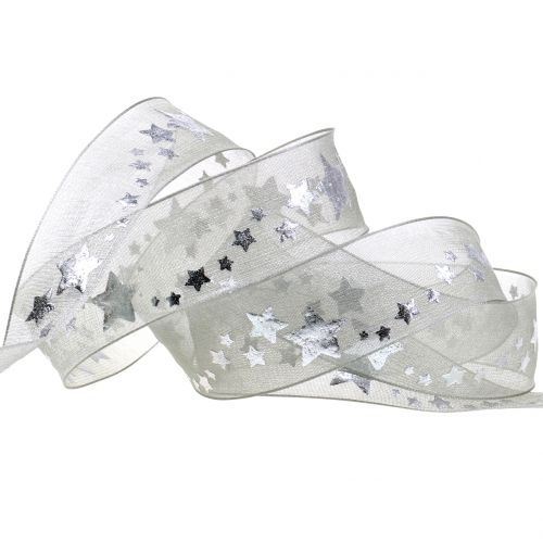 Floristik24 Nastro decorativo in organza con motivo a stella grigio 25 mm 20 m