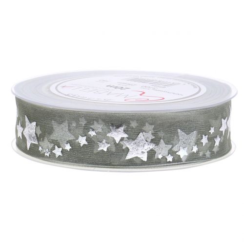 Floristik24 Nastro decorativo in organza con motivo a stella grigio 25 mm 20 m