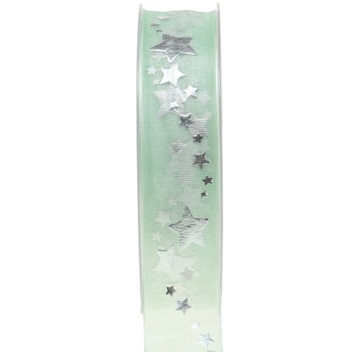 Floristik24 Nastro decorativo in organza con motivo a stella verde chiaro 25mm 20m