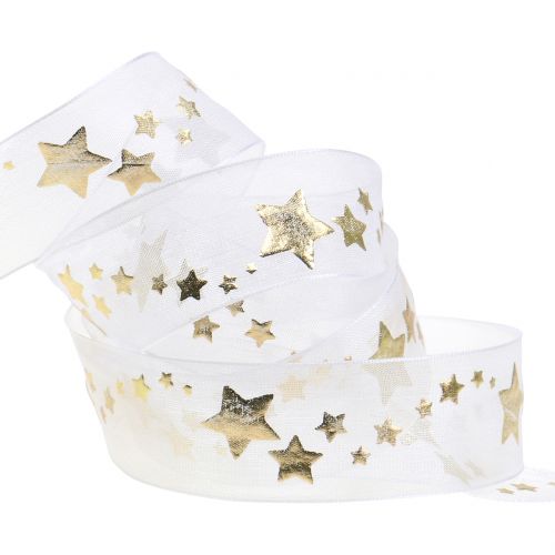 Floristik24 Nastro decorativo in organza con motivo a stella bianco 25mm 20m