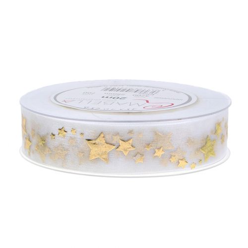 Floristik24 Nastro decorativo in organza con motivo a stella bianco 25mm 20m
