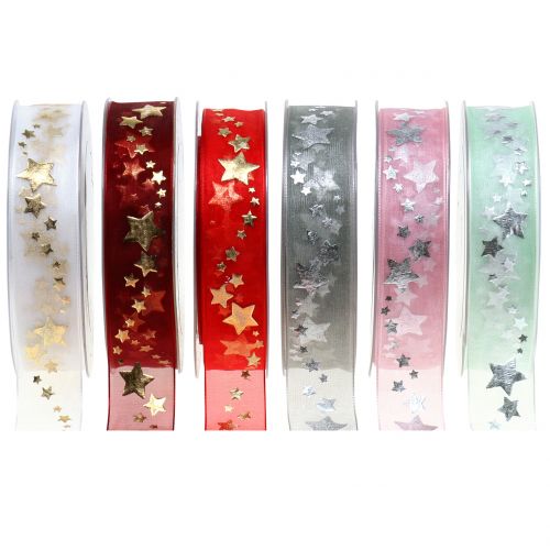 Nastro decorativo in organza con motivo a stella 25mm 20m