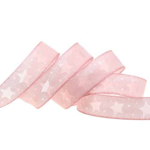 Floristik24 Nastro in organza con motivo a stella rosa 25mm 15m