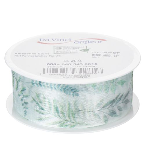 Prodotto Nastro in organza, nastro in chiffon, rami con foglie, verde, 40 mm, 15 m