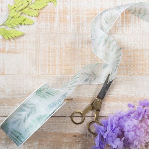 Prodotto Nastro in organza, nastro in chiffon, rami con foglie, verde, 40 mm, 15 m