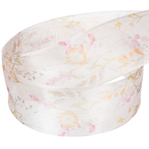Prodotto Nastro in organza, nastro in chiffon, fantasia floreale, arancione/rosa, 40 mm, 15 m