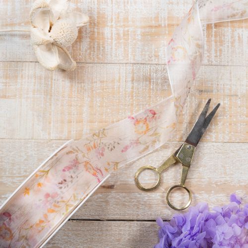 Prodotto Nastro in organza, nastro in chiffon, fantasia floreale, arancione/rosa, 40 mm, 15 m