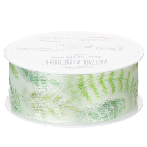Prodotto Nastro in organza, nastro in chiffon, verde con viticci di foglie, largo 40 mm, lungo 15 m