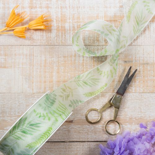 Prodotto Nastro in organza, nastro in chiffon, verde con viticci di foglie, largo 40 mm, lungo 15 m