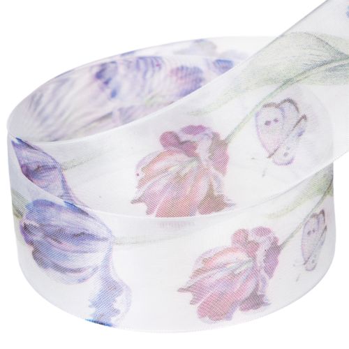 Prodotto Nastro in organza, nastro in chiffon, tulipani pappagallo, viola, 40 mm, 18 m