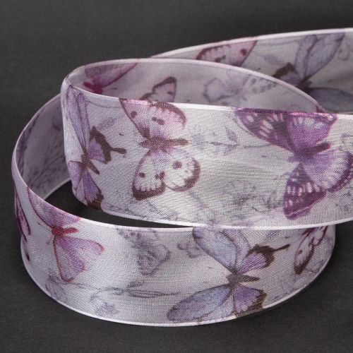 Prodotto Nastro in organza, nastro in chiffon, farfalle, viola, 40 mm, 18 m