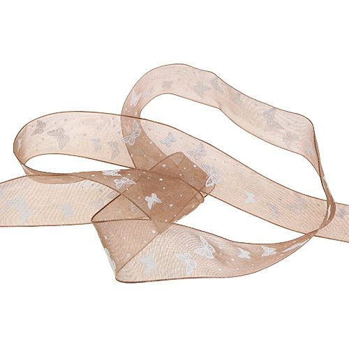 Floristik24 Nastro in organza con farfalla marrone 25mm 20m