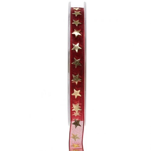 Nastro di organza rosso scuro con stelle dorate 10 mm 20 m