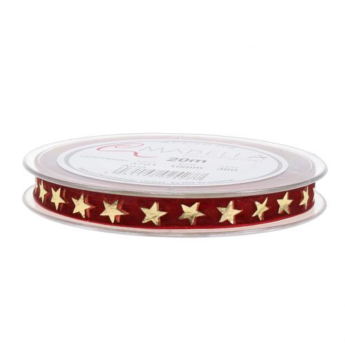 Prodotto Nastro di organza rosso scuro con stelle dorate 10 mm 20 m
