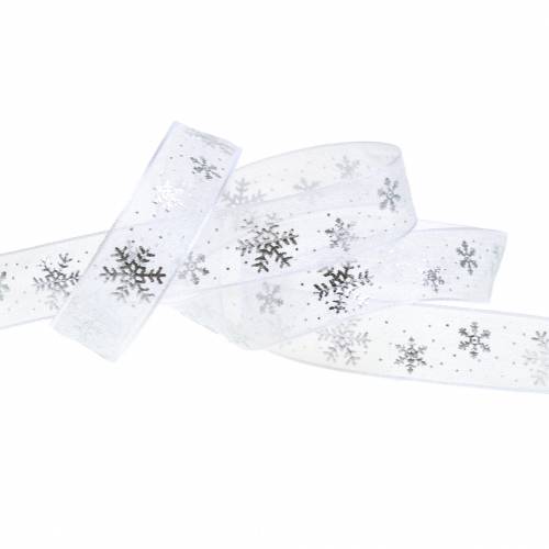 Floristik24 Nastro in organza con fiocco di neve bianco 15mm 20m