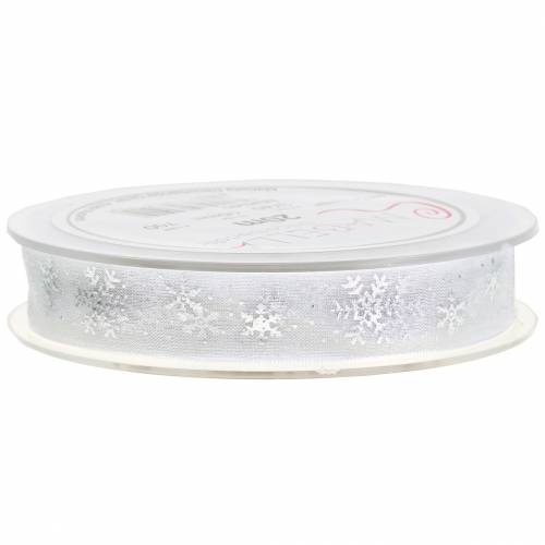 Floristik24 Nastro in organza con fiocco di neve bianco 15mm 20m