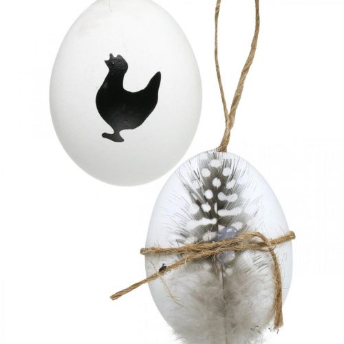 Floristik24 Decorazione pasquale, uova di gallina da appendere, uova decorative con piume e gallina, marrone, blu, bianco, set da 6