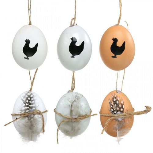 Decorazione pasquale, uova di gallina da appendere, uova decorative con piume e gallina, marrone, blu, bianco, set da 6