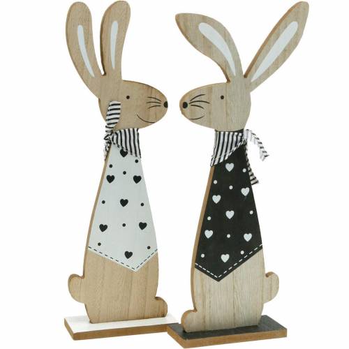 Coniglietto pasquale in bianco e nero stand con coniglietto in legno con decorazioni pasquali, set di 2