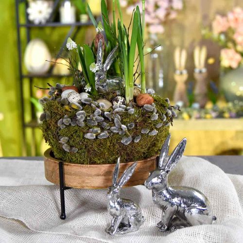 Floristik24 Coniglietto pasquale seduto figura di coniglietto d'argento decorazione da tavola Pasqua 16,5 cm