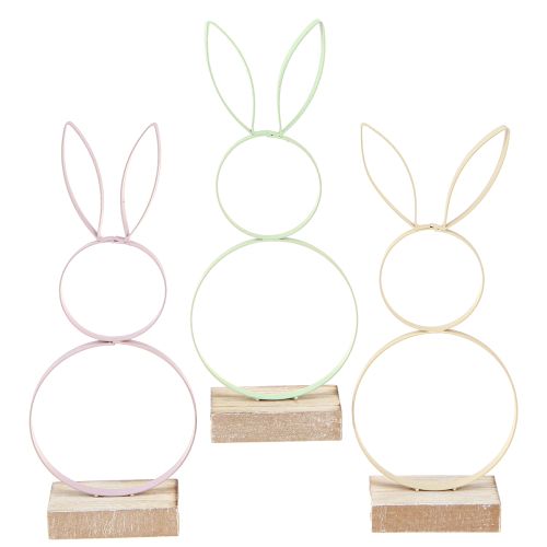 Decorazione coniglietto pasquale in metallo e legno giallo menta rosa H21cm 3 pezzi
