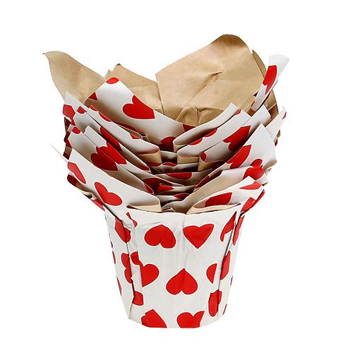 Floristik24 Vaso di carta con cuori bianco-rosso Ø8cm H6,5cm 8 pezzi