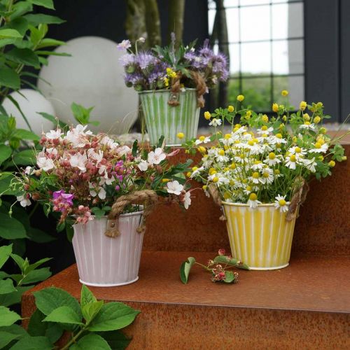 Prodotto Vaso decorativo, secchio in metallo per piantare, fioriera con manici, rosa/verde/giallo shabby chic Ø14,5 cm H13 cm set di 3