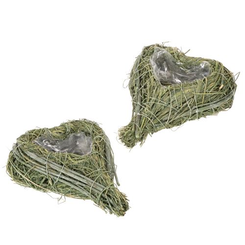 Cuore decorativo in erba naturale con inserto in lamina, 14 cm, 2 pezzi
