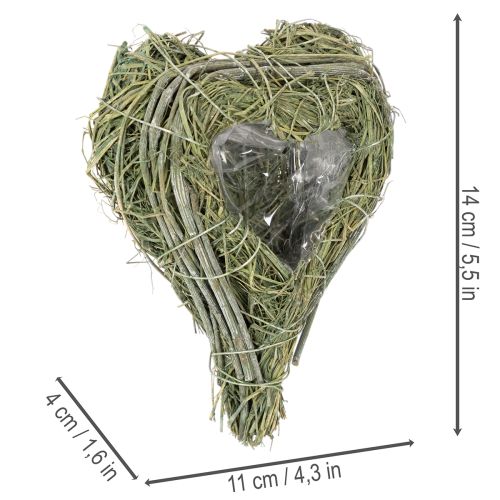 Cuore decorativo in erba naturale con inserto in lamina, 14 cm, 2 pezzi | Floristik24.it