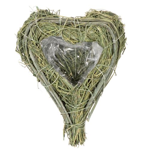 Cuore decorativo in erba naturale con inserto in lamina, 14 cm, 2 pezzi | Floristik24.it