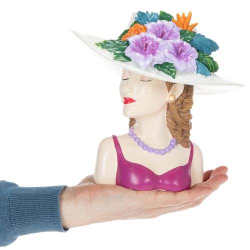 Prodotto Vaso di fiori a forma di donna con cappello, con fiori, decorazione per vasi di piante, per uso interno ed esterno, 20 cm