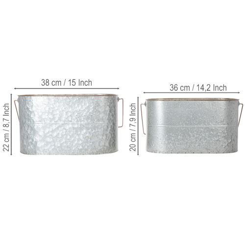 Prodotto Vaso per piante con manico, vaso in metallo, fioriera, argento, marrone, H22/20cm L42/40cm, set da 2