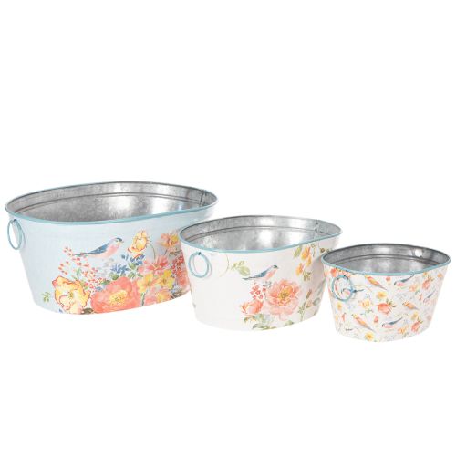 Vasi per piante, primavera, fioriere per fiori/uccelli, contenitore ovale in metallo L39/31/24,5cm, set da 3 | Floristik24.it