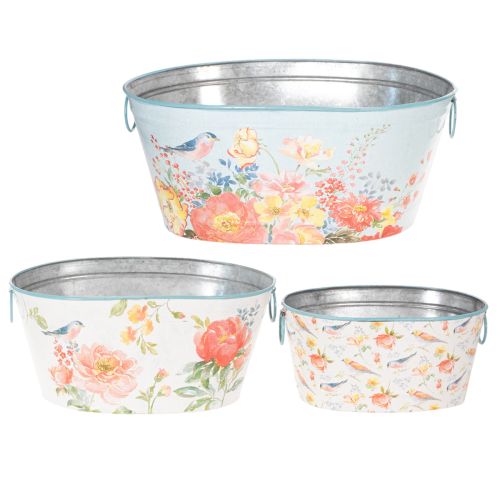 Vasi per piante, primavera, fioriere per fiori/uccelli, contenitore ovale in metallo L39/31/24,5cm, set da 3 | Floristik24.it