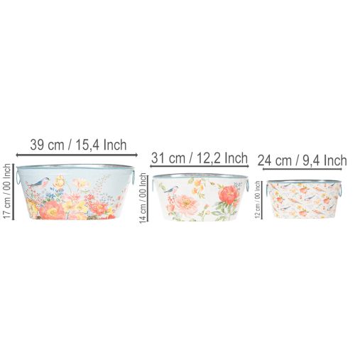 Vasi per piante, primavera, fioriere per fiori/uccelli, contenitore ovale in metallo L39/31/24,5cm, set da 3 | Floristik24.it