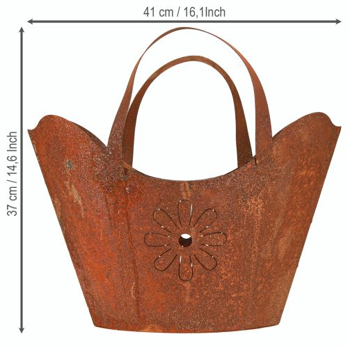 Prodotto Borsa per piante in metallo, fioriera decorativa ruggine con manici, altezza 37 cm