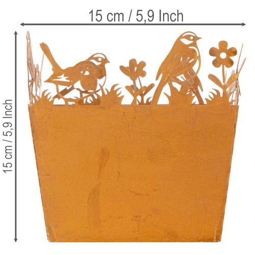 Vaso in metallo con decorazioni a forma di uccelli, fioriera, molla, finitura ruggine, altezza 15,5 cm | Floristik24.it