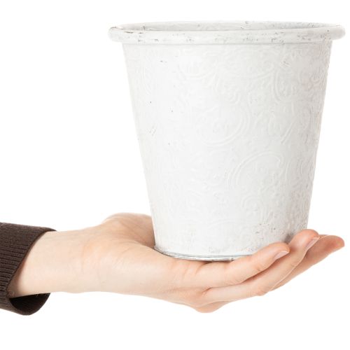 Prodotto Vaso per piante con ornamenti, contenitore in metallo, bianco, Ø15,5cm, H14,5cm