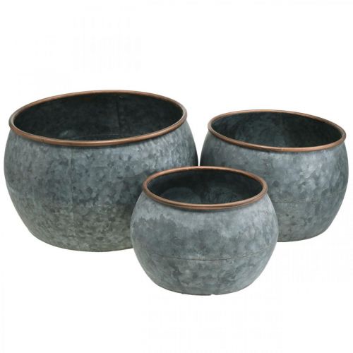 Prodotto Vaso decorativo, fioriera, vaso in metallo argento, color rame aspetto antico H22 / 20,5 / 16,5 cm Ø39 / 30,5 / 25 cm set di 3