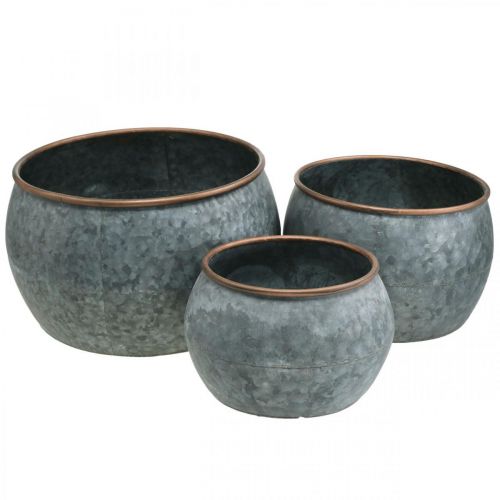 Vaso decorativo, fioriera, vaso in metallo argento, color rame aspetto antico H22 / 20,5 / 16,5 cm Ø39 / 30,5 / 25 cm set di 3