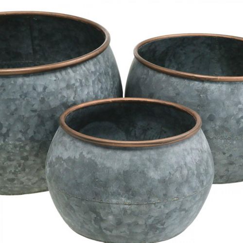 Prodotto Vaso decorativo, fioriera, vaso in metallo argento, color rame aspetto antico H22 / 20,5 / 16,5 cm Ø39 / 30,5 / 25 cm set di 3
