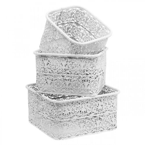 Prodotto Ciotole in metallo motivo traforato, vaso decorativo quadrato, shabby chic, bianco 27/23/19 cm H13,5 cm set di 3
