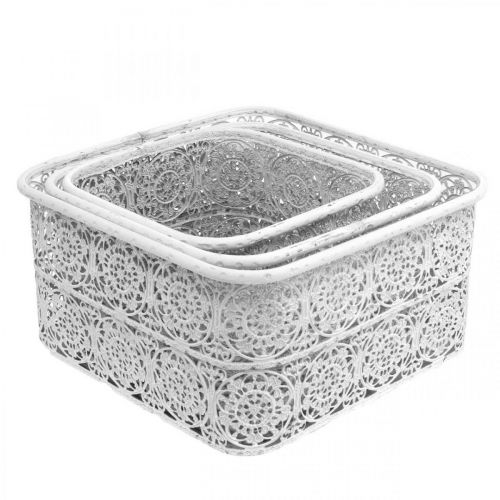 Prodotto Ciotole in metallo motivo traforato, vaso decorativo quadrato, shabby chic, bianco 27/23/19 cm H13,5 cm set di 3