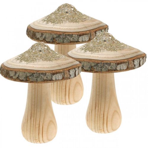 Floristik24 Corteccia di funghi in legno e funghi decorativi glitterati in legno H11cm 3 pezzi