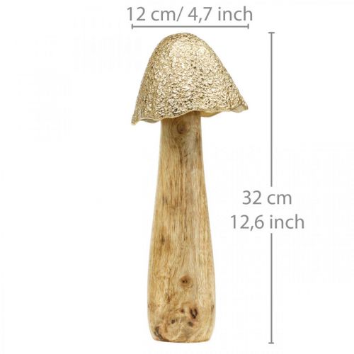Fungo decorativo grande metallo legno dorato, natura decorativa figura autunno 32cm