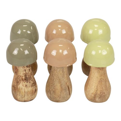 Floristik24 Funghi in legno funghi decorativi legno beige, verde Ø5cm H10,5cm 6 pezzi
