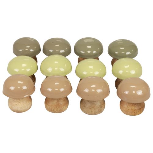 Floristik24 Funghi in legno Deco Funghi Deco in legno Beige, Verde Ø5cm H5,5cm 12 pezzi