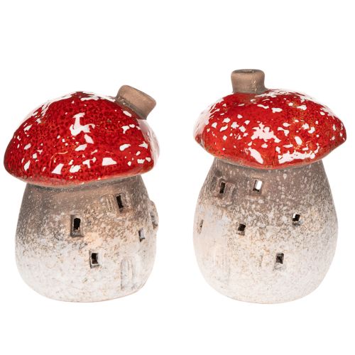 Casa a forma di fungo, faro, statuetta decorativa in amanita muscaria con camino, 10 cm, 2 pezzi
